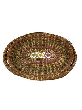 Native American Woven Pine Needle Basket Tray with Handles Vintage